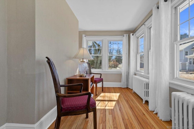 sitting room featuring baseboards, light wood-style floors, and radiator heating unit