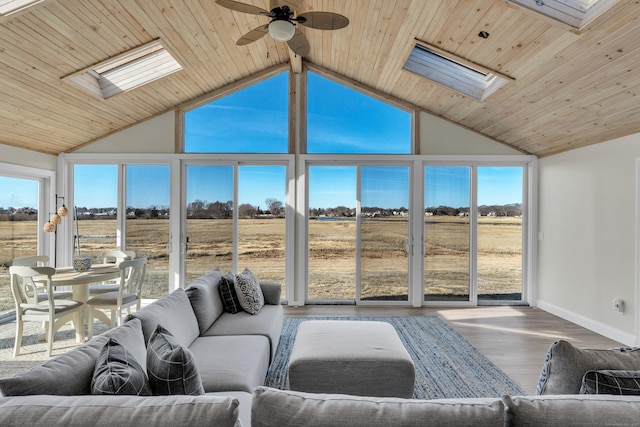 living area with ceiling fan, wood finished floors, wood ceiling, and a skylight