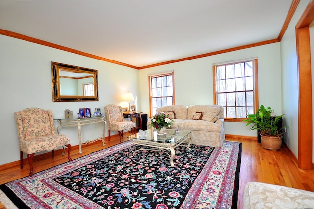 living area featuring a healthy amount of sunlight, crown molding, baseboards, and wood-type flooring