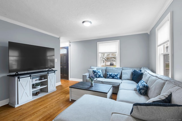 living room featuring baseboards, a textured ceiling, light wood-style flooring, and ornamental molding