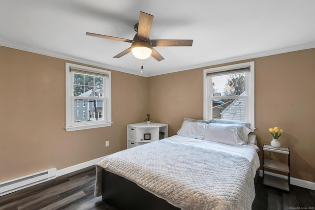 bedroom featuring dark wood-type flooring, a ceiling fan, crown molding, a baseboard radiator, and baseboards