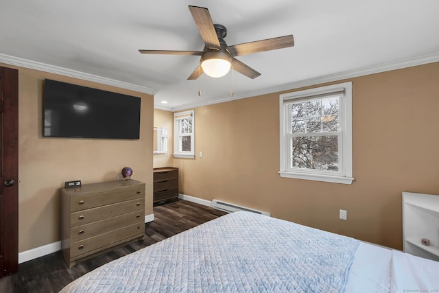 bedroom featuring baseboard heating, dark wood-type flooring, baseboards, and ornamental molding