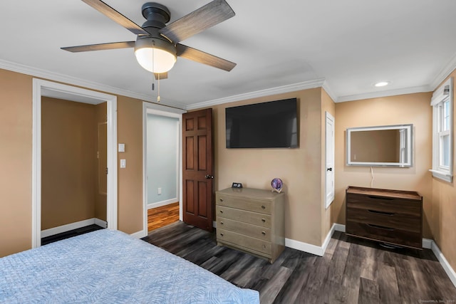 bedroom with a ceiling fan, crown molding, baseboards, and dark wood-style flooring