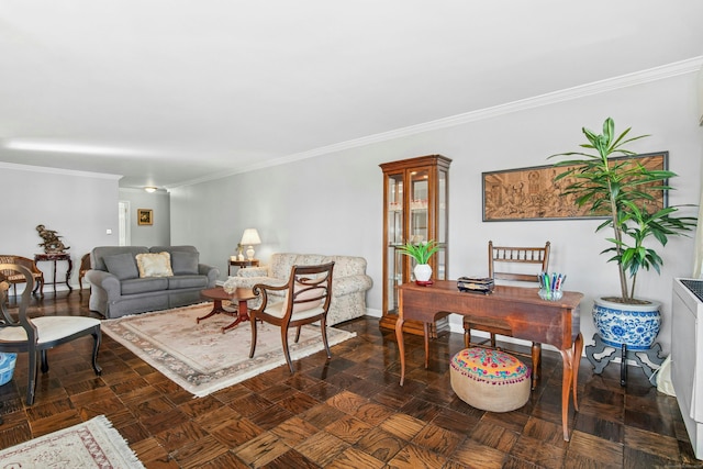 living room featuring crown molding