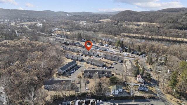 drone / aerial view featuring a mountain view