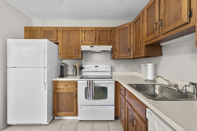 kitchen featuring white appliances, brown cabinetry, a sink, light countertops, and under cabinet range hood