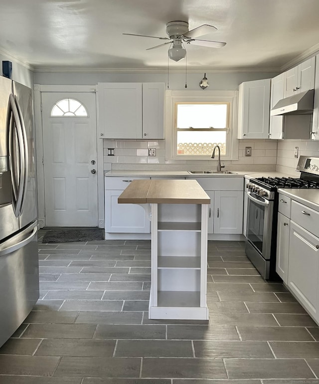 kitchen with tasteful backsplash, wood tiled floor, under cabinet range hood, appliances with stainless steel finishes, and a sink