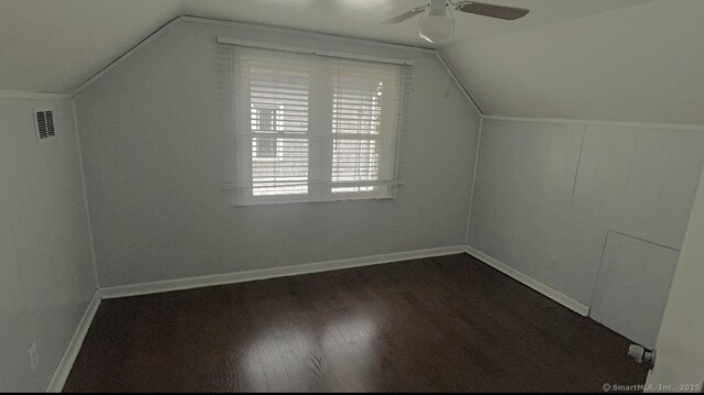 84 Glendale Ave, Bridgeport, CT 06606 - bonus room featuring dark wood-style flooring, ceiling fan, lofted ceiling, and baseboards