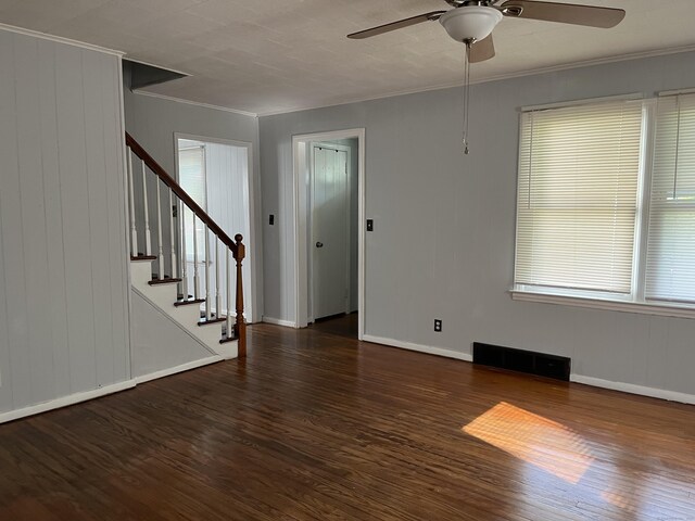 84 Glendale Ave, Bridgeport, CT 06606 - unfurnished room featuring wood finished floors, a ceiling fan, ornamental molding, stairs, and baseboards