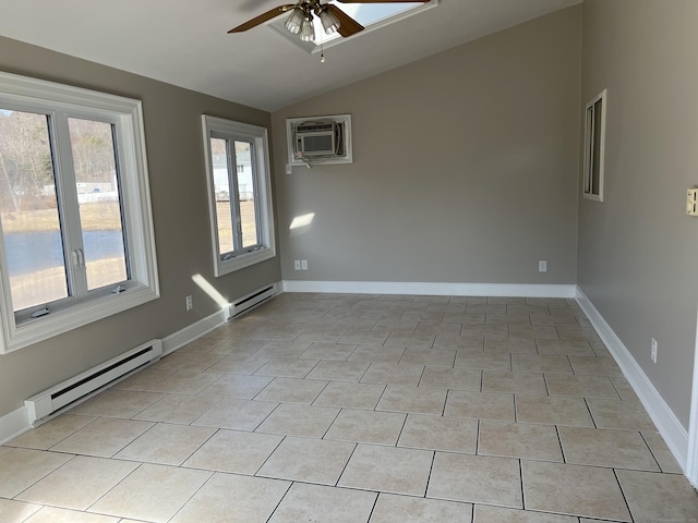 unfurnished room with light tile patterned floors, baseboard heating, an AC wall unit, and ceiling fan