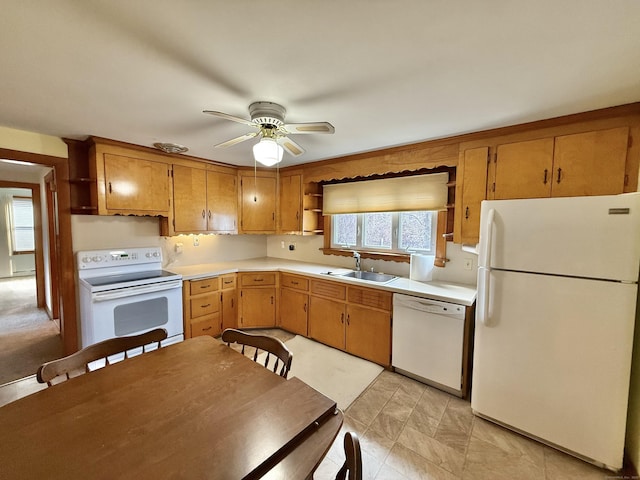 kitchen featuring a sink, light countertops, white appliances, a ceiling fan, and open shelves