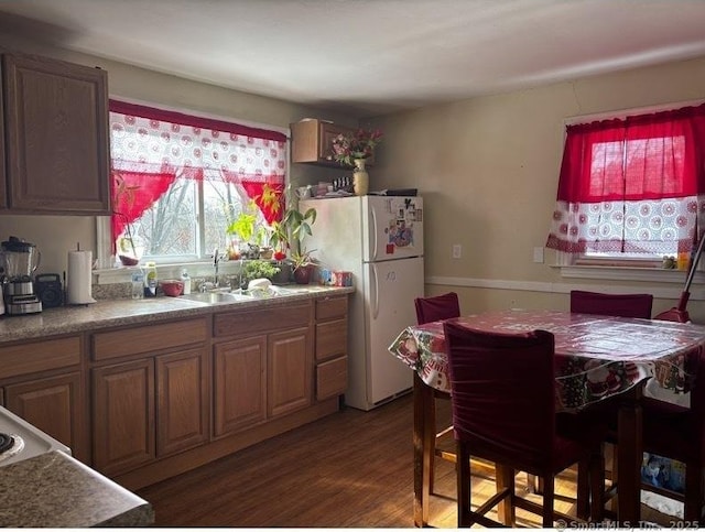 kitchen featuring dark wood-style floors, freestanding refrigerator, and a sink