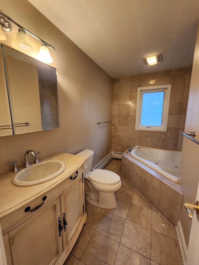 bathroom with a baseboard heating unit, tiled tub, toilet, vanity, and a textured ceiling