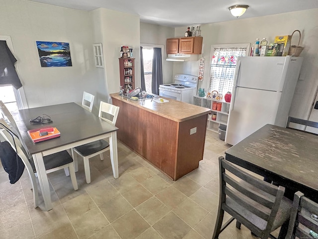 63 Minerva St, Derby, CT 06418 - kitchen with under cabinet range hood, a peninsula, brown cabinetry, white appliances, and a sink