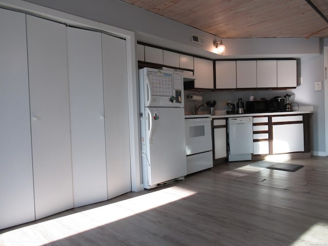 kitchen featuring light countertops, wooden ceiling, wood finished floors, white appliances, and white cabinetry