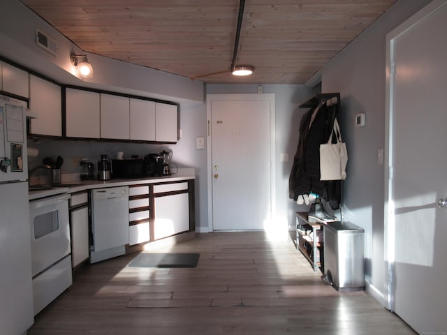 kitchen with white cabinets, white appliances, wood ceiling, and wood finished floors