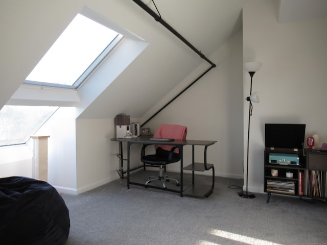 interior space featuring a skylight, baseboards, and carpet floors