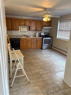 kitchen with a baseboard radiator, ceiling fan, stainless steel electric range, range hood, and brown cabinetry