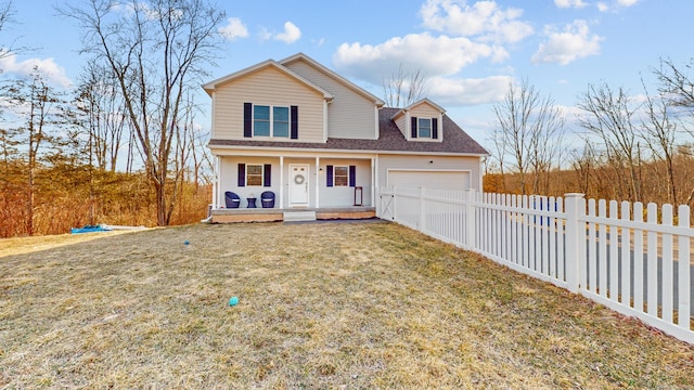 traditional home with fence, roof with shingles, covered porch, an attached garage, and a front yard