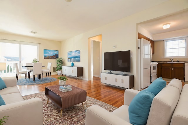 living area featuring visible vents, baseboards, and wood finished floors