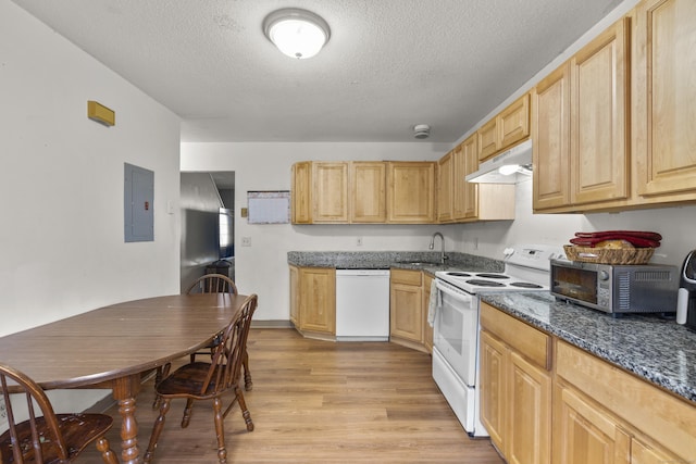 kitchen with under cabinet range hood, electric panel, light wood-style flooring, white appliances, and a sink