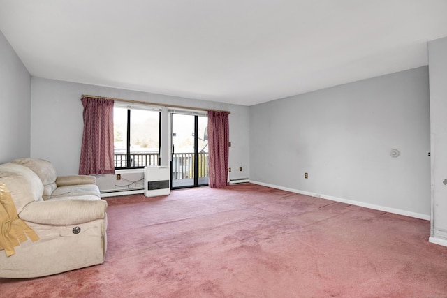 unfurnished living room with a baseboard radiator, baseboards, and carpet