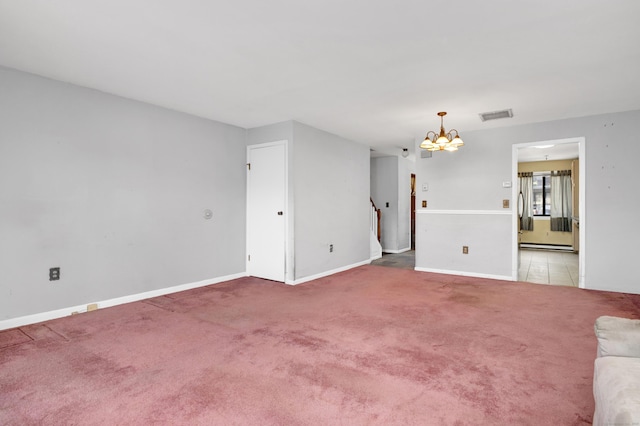 unfurnished living room featuring visible vents, a notable chandelier, stairway, baseboards, and light colored carpet