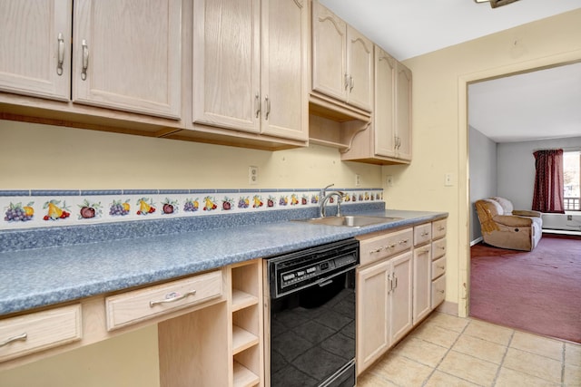 kitchen featuring baseboards, light tile patterned flooring, a sink, dishwasher, and light colored carpet