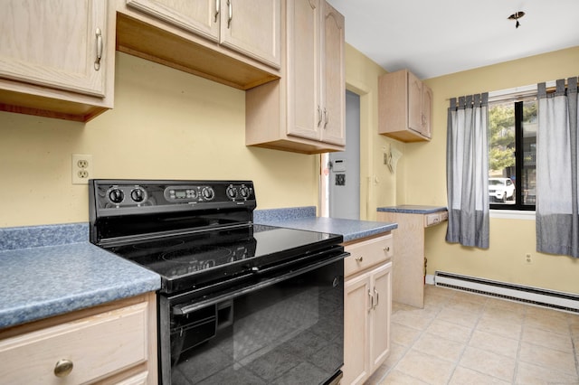 kitchen with light tile patterned flooring, a baseboard heating unit, and black electric range