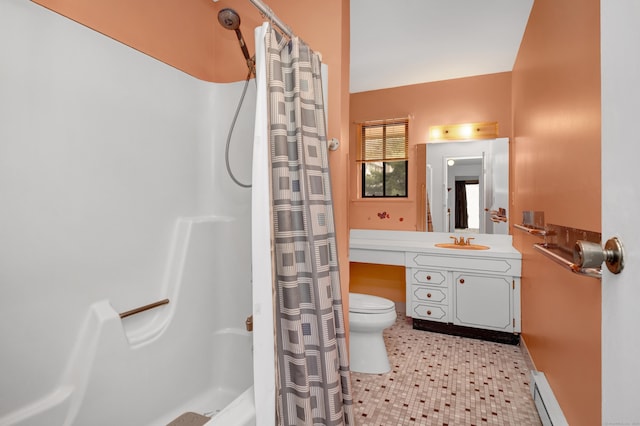 bathroom with curtained shower, toilet, vanity, and a baseboard radiator