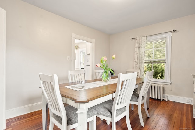 dining area with radiator, baseboards, and wood-type flooring