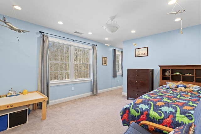 bedroom with recessed lighting, visible vents, carpet flooring, and baseboards