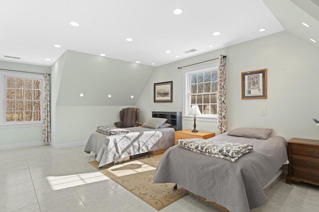 bedroom with recessed lighting, visible vents, baseboards, and vaulted ceiling