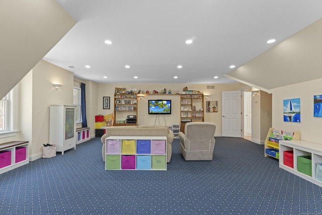 playroom featuring recessed lighting, visible vents, carpet floors, and baseboards