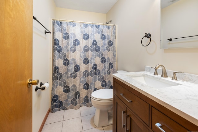 full bath with vanity, a shower with curtain, toilet, tile patterned flooring, and visible vents
