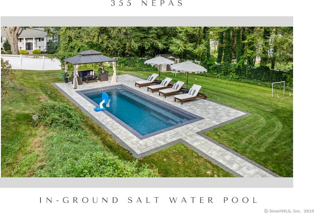 view of swimming pool with a gazebo, a fenced in pool, a yard, and fence