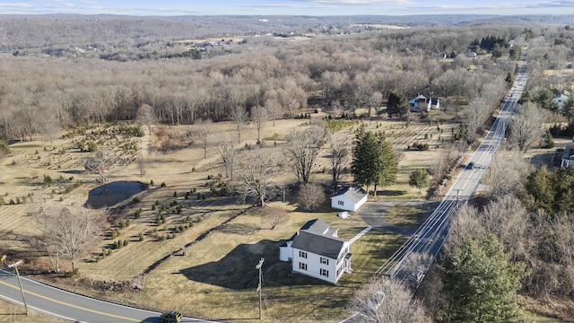 bird's eye view featuring a rural view and a wooded view