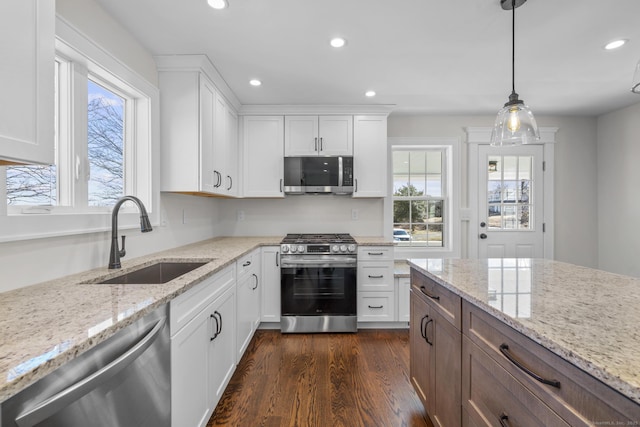 kitchen with plenty of natural light, recessed lighting, a sink, dark wood-type flooring, and appliances with stainless steel finishes