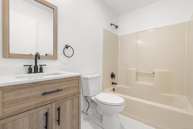 bathroom featuring shower / tub combination, marble finish floor, toilet, and vanity