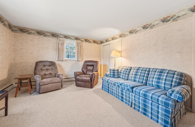 carpeted living area with a baseboard radiator