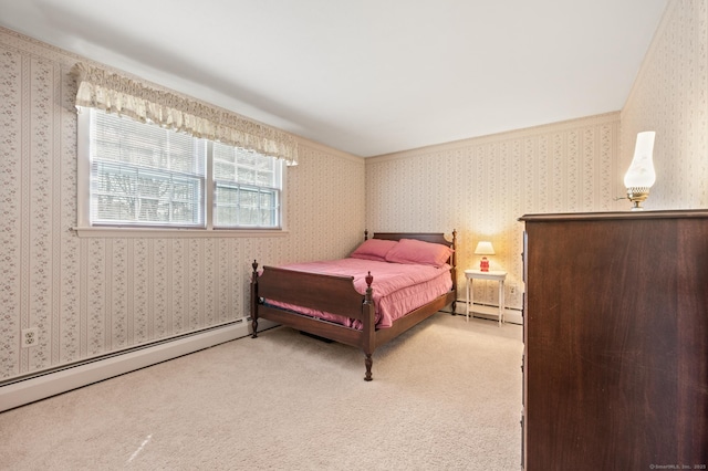 bedroom with wallpapered walls, carpet, and baseboard heating