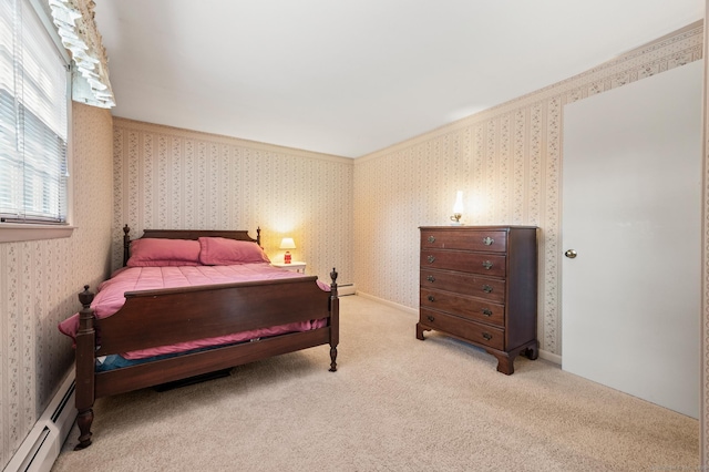 bedroom with a baseboard radiator, light carpet, crown molding, and wallpapered walls