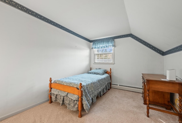 carpeted bedroom featuring vaulted ceiling, baseboards, and baseboard heating