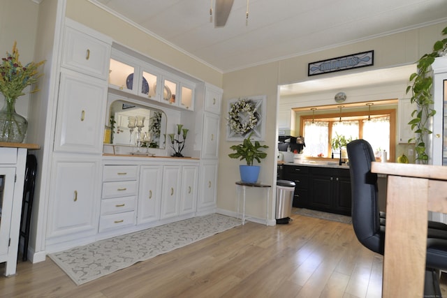 interior space featuring ceiling fan, light wood-style floors, ornamental molding, and a sink