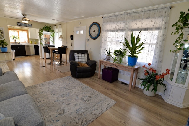 living room with baseboards, light wood-type flooring, and ornamental molding