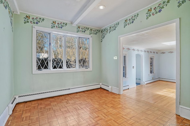 empty room featuring beam ceiling, a baseboard heating unit, crown molding, and baseboards