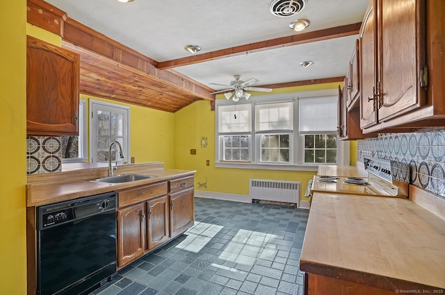 kitchen featuring visible vents, radiator heating unit, a sink, electric stove, and black dishwasher