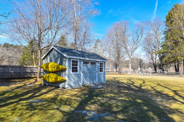 view of shed with a fenced backyard