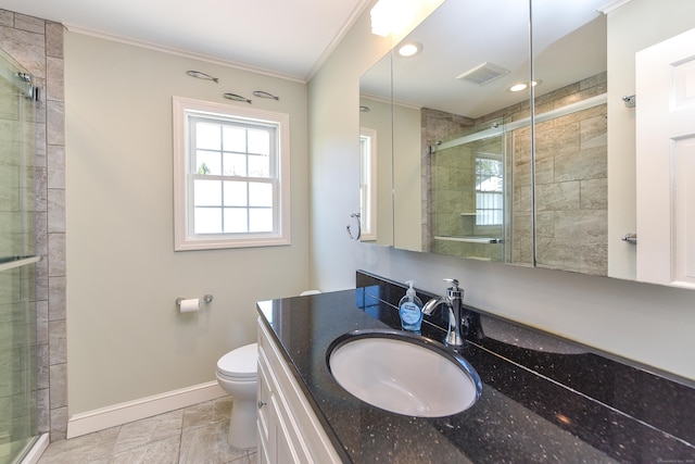 full bathroom with a stall shower, baseboards, and ornamental molding