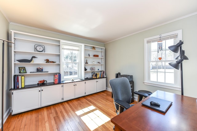 office space featuring light wood finished floors and ornamental molding